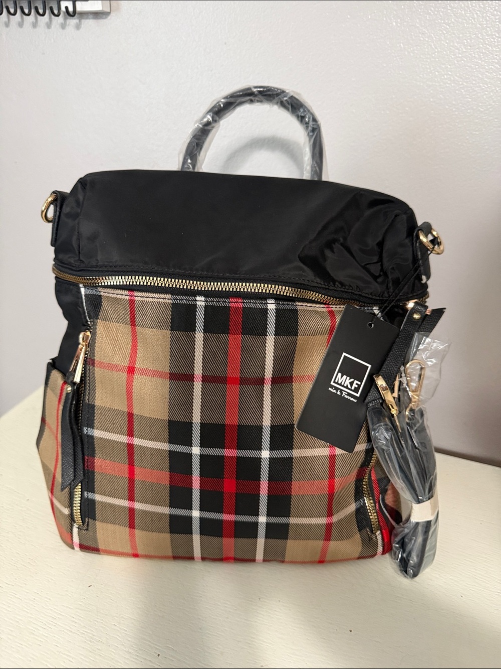 MKF Plaid Convertible Women’s Backpack Tote - Black/Tan/Red